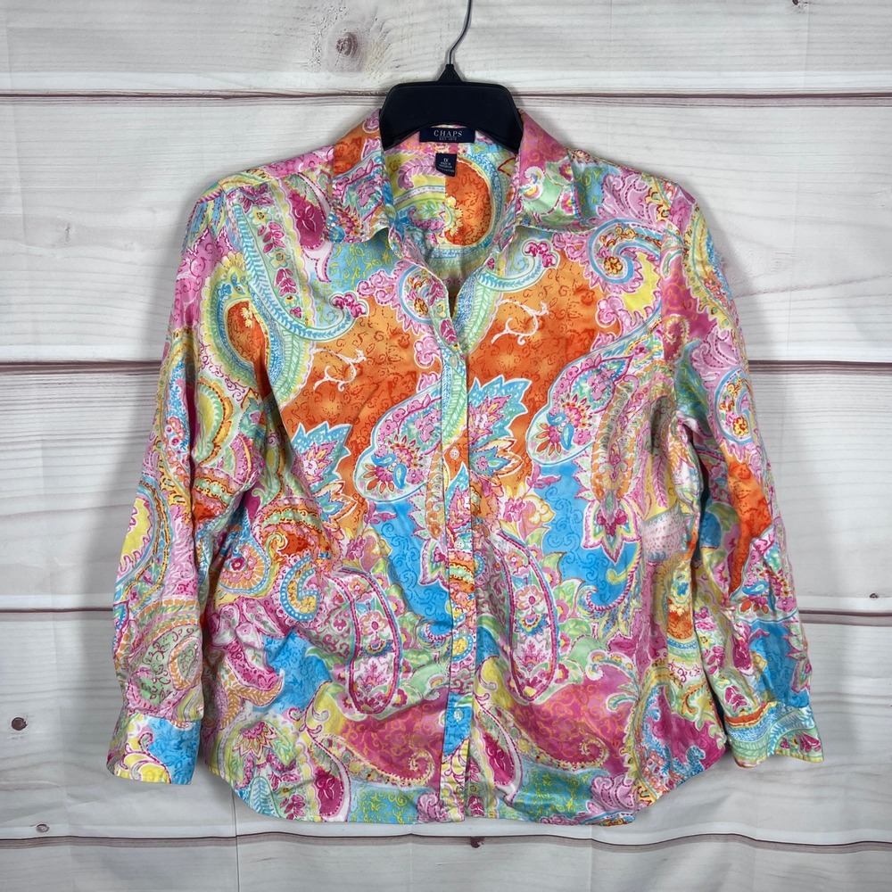 Chaps Button Up Top Women 1X Multicolor Paisley Long Sleeve Cotton Blouse Collar